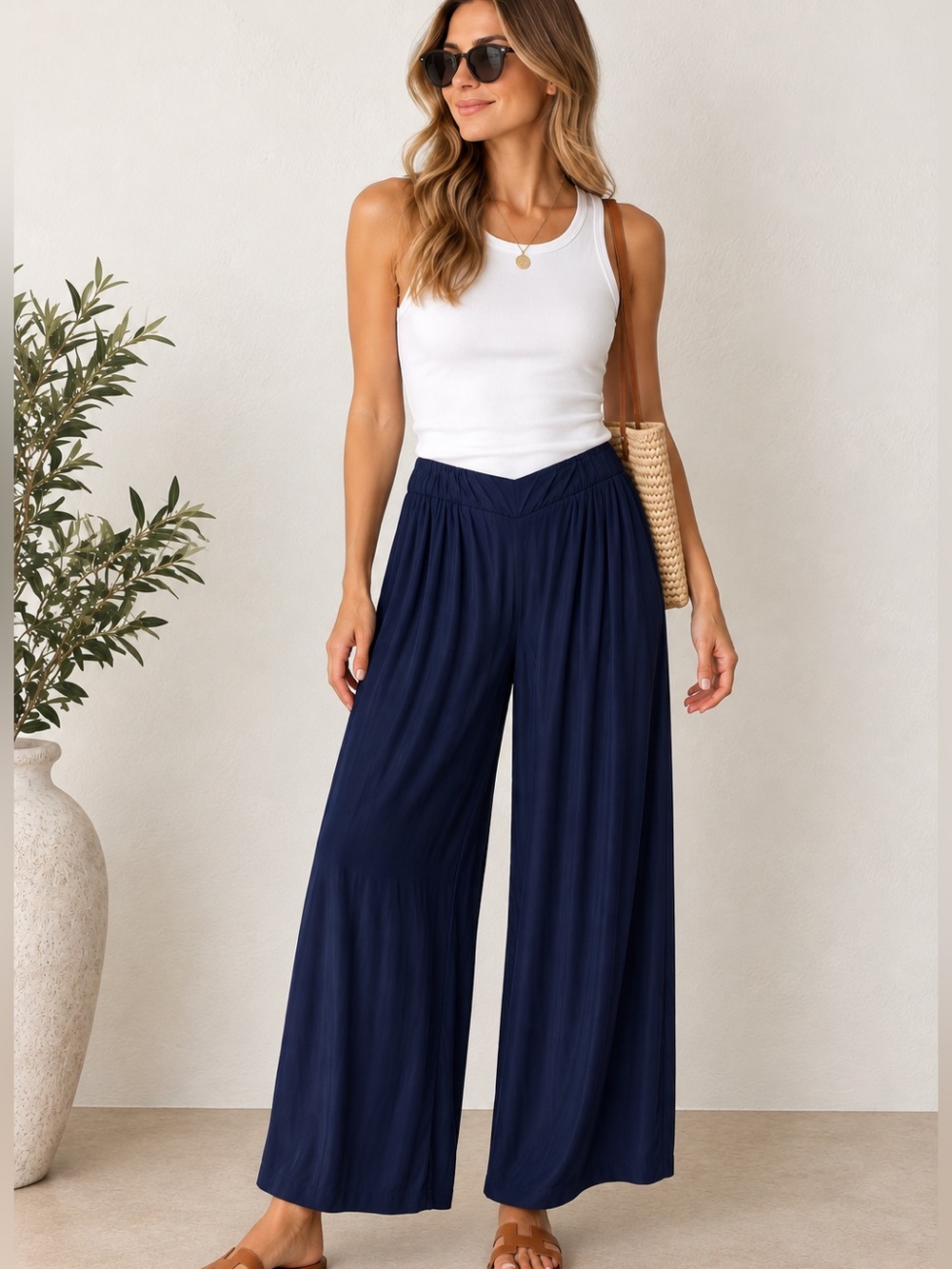Tommy Bahama Navy Blue Viscose Wide Leg Pull On Pants Elastic Waist Size M